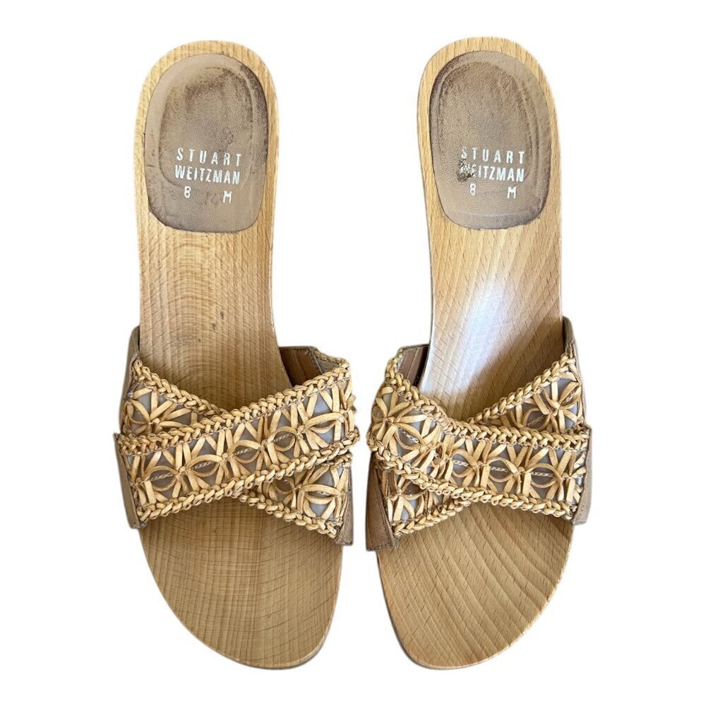 Stuart Weitzman Woven Leather Slide Sandals Wooden Heel Tan 8M Coastal Resort - Picture 3 of 8